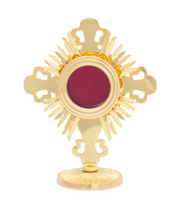 Relikwiarz mosiężny pozłacany, w kształcie krzyża, wysokość 13 cm