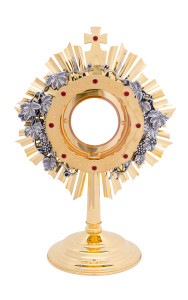 Monstrancja z motywem krzewu winnego, mosiężna, pozłacana, wysokość 31 cm