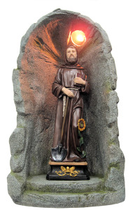 Figura św. Izydora z kapliczką podświetlaną z żywicy poliestrowej i gipsu, wysokość 83,8 cm