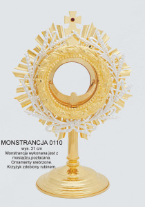 Monstrancja na tradycyjną hostię, mosiężna, wysokość 31 cm