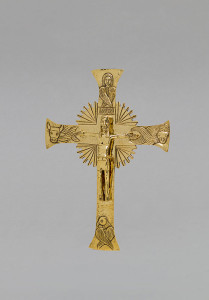 Krzyż mosiężny, wiszący, pozłacany, wys. 46 cm