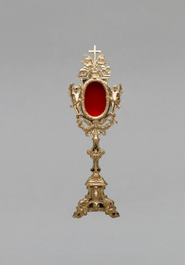 Relikwiarz barokowy mosiężny, pozłacany, wys. 55 cm