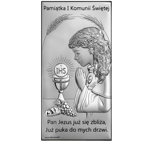Obrazek srebrny na pamiątkę I Komunii Św. z dziewczynką, prostokątny