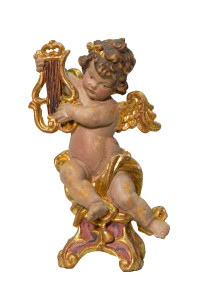 Anioł na podstawce, rzeźba antyczna pozłacana, wysokość 17 cm