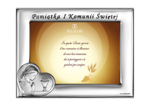 Ramka srebrna na zdjęcie z okazji I Komunii Św. z wizerunkiem dziewczynki, z podpisem