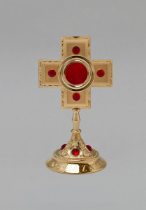 Relikwiarz mosiężny, pozłacany, wys. 31 cm