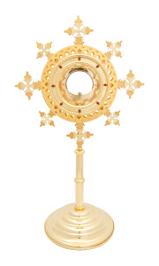 Monstrancja zdobiona rubinami, mosiężna, pozłacana, wysokość 53 cm