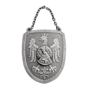 Ryngraf Srebrny z Orłem na tle tarczy rycerskiej z Matką Boską Ostrobramską